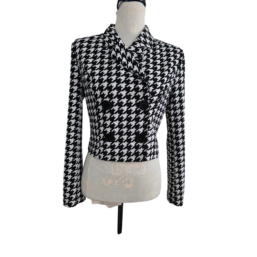 SHEIN Womens Black White Houndstooth Cropped DoubleBreasted Blazer Jacket Medium